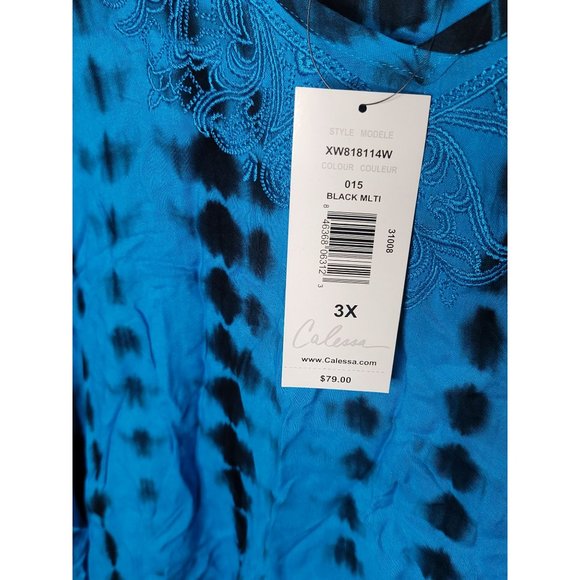 NWT Calessa TURQUOISE Blue/Black TIE DYE Tunic Boho Top 3X SHARKBITE HEM - Picture 2 of 8